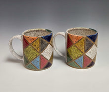 Load image into Gallery viewer, Straight-sided rainbow patchwork mugs with white handles; sold individually