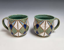 Load image into Gallery viewer, Two handmade speckled stoneware geometric diamond mugs in blue, sage green and white; sold individually
