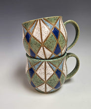 Load image into Gallery viewer, Stacked blue, sage green and white geometric diamond stoneware mugs; sold individually
