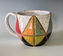 Load image into Gallery viewer, Alternate view of a rounded rainbow geometric stoneware mug

