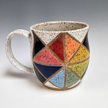 Load image into Gallery viewer, Rounded rainbow pinwheel stoneware mug with white handle
